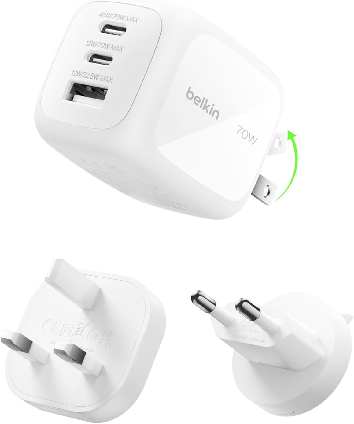 BELKIN Caricatore da Parete GaN 3 Porte 70W Con Adattatori da Viaggio (Bianco)